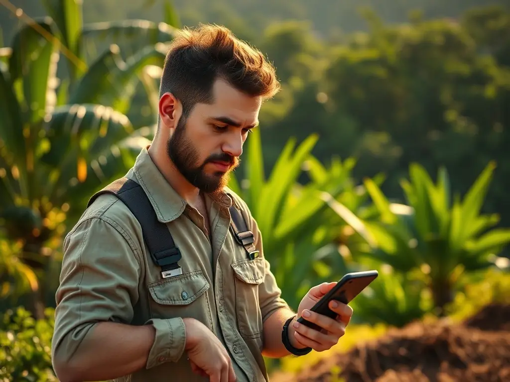 A professional contractor in Costa Rica using the Tico.Social app on their smartphone to view new job requests, with a lush green landscape in the background.