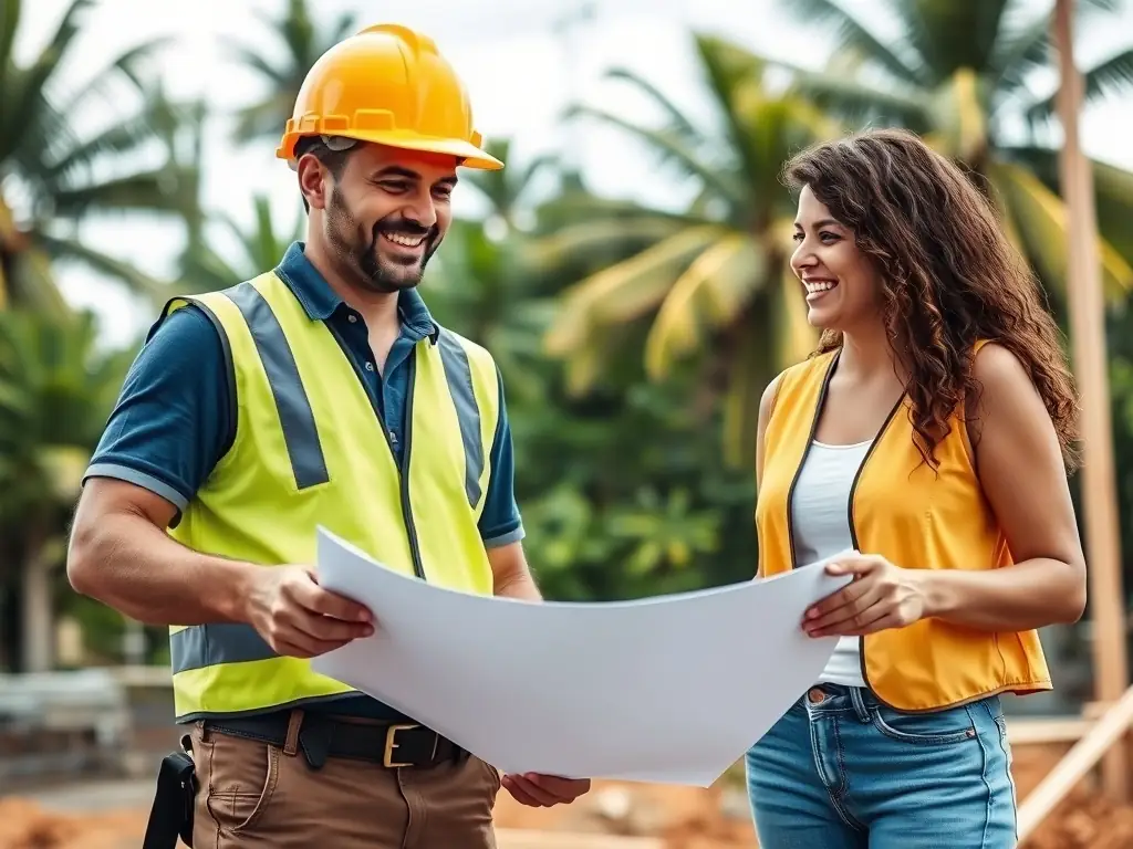 A split screen showing both a contractor and a client successfully completing a project together, symbolizing the seamless connection facilitated by Tico.Social.