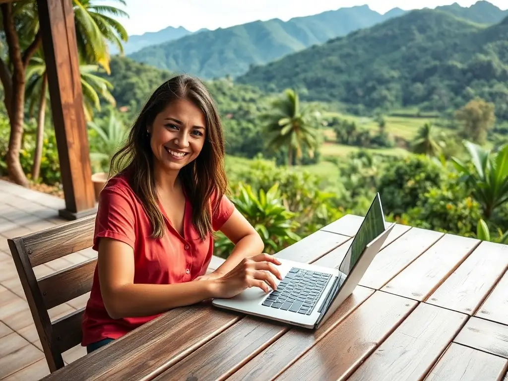 A client in Costa Rica reviewing contractor profiles on the Tico.Social website on their laptop, with a satisfied expression. The background shows a beautiful Costa Rican landscape.