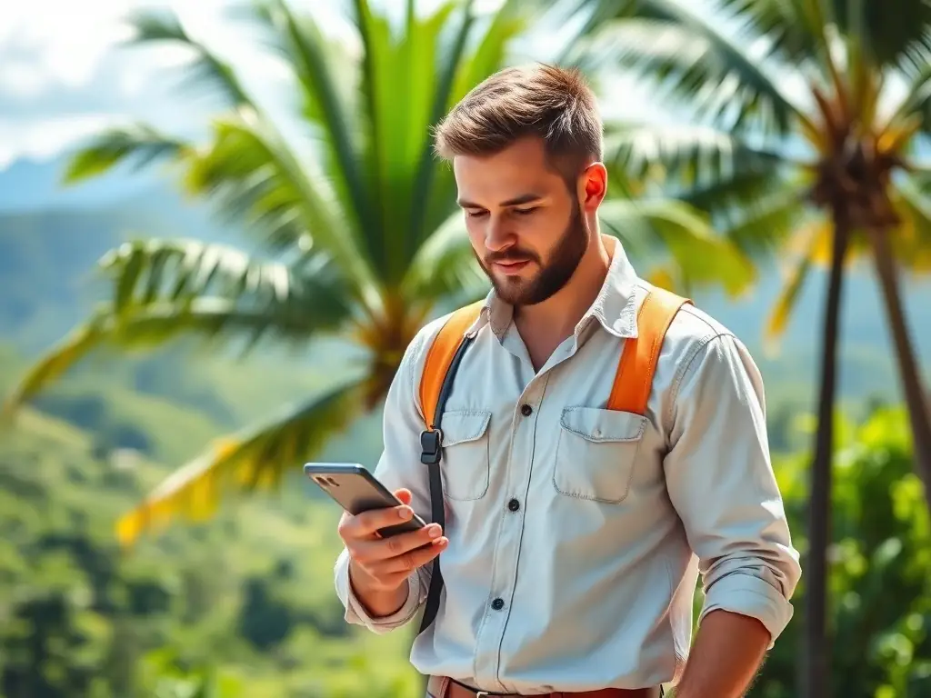 A professional contractor in Costa Rica using the Tico.Social app on their smartphone, smiling confidently. The background shows a typical Costa Rican home undergoing renovation.