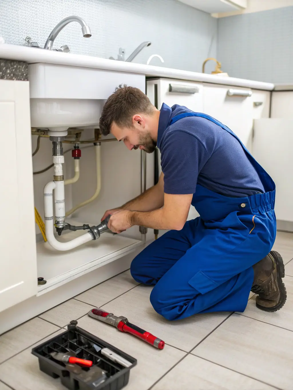 A skilled plumber fixing a pipe under a sink in a well-maintained Costa Rican villa, representing plumbing services available on Tico.Social.