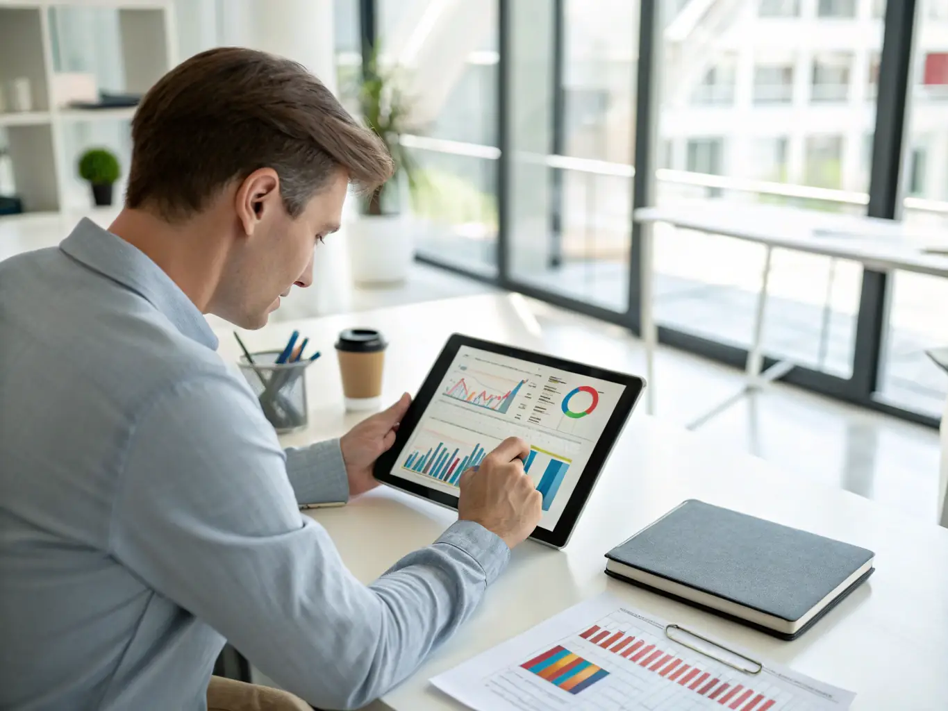 A photograph of a property manager efficiently coordinating services on a tablet, representing the ease of managing multiple properties with Tico.Social.