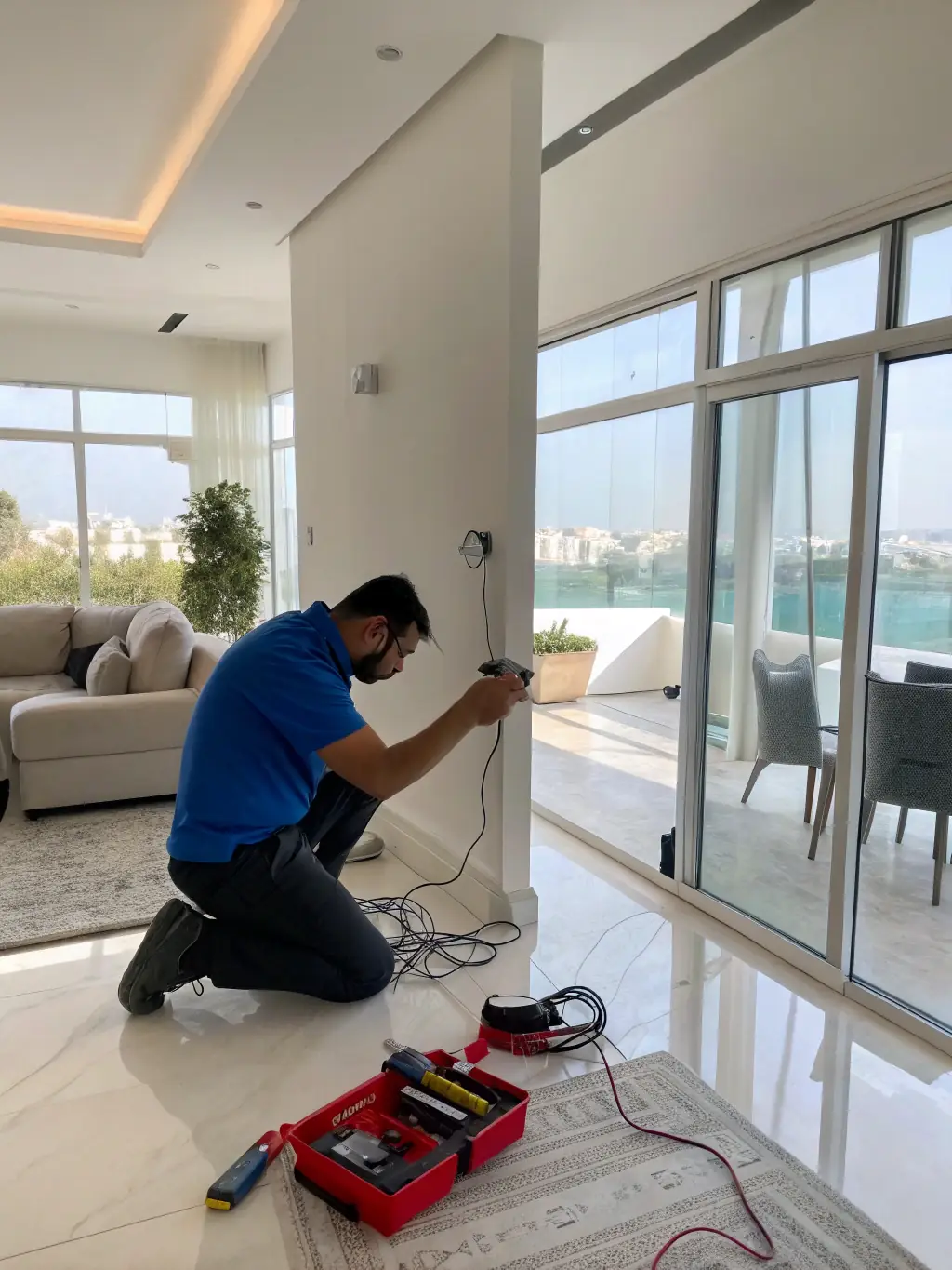 A professional electrician working on wiring in a modern Costa Rican home, showcasing electrical services offered on Tico.Social.