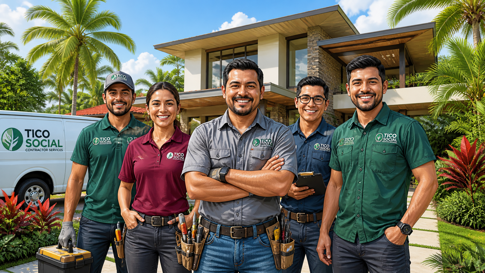 Professional contractor team in Costa Rica in front of modern home – Tico Social